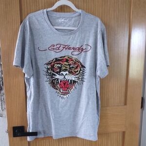 Ed Hardy Gray Tee with Embellished Tiger and Red Script